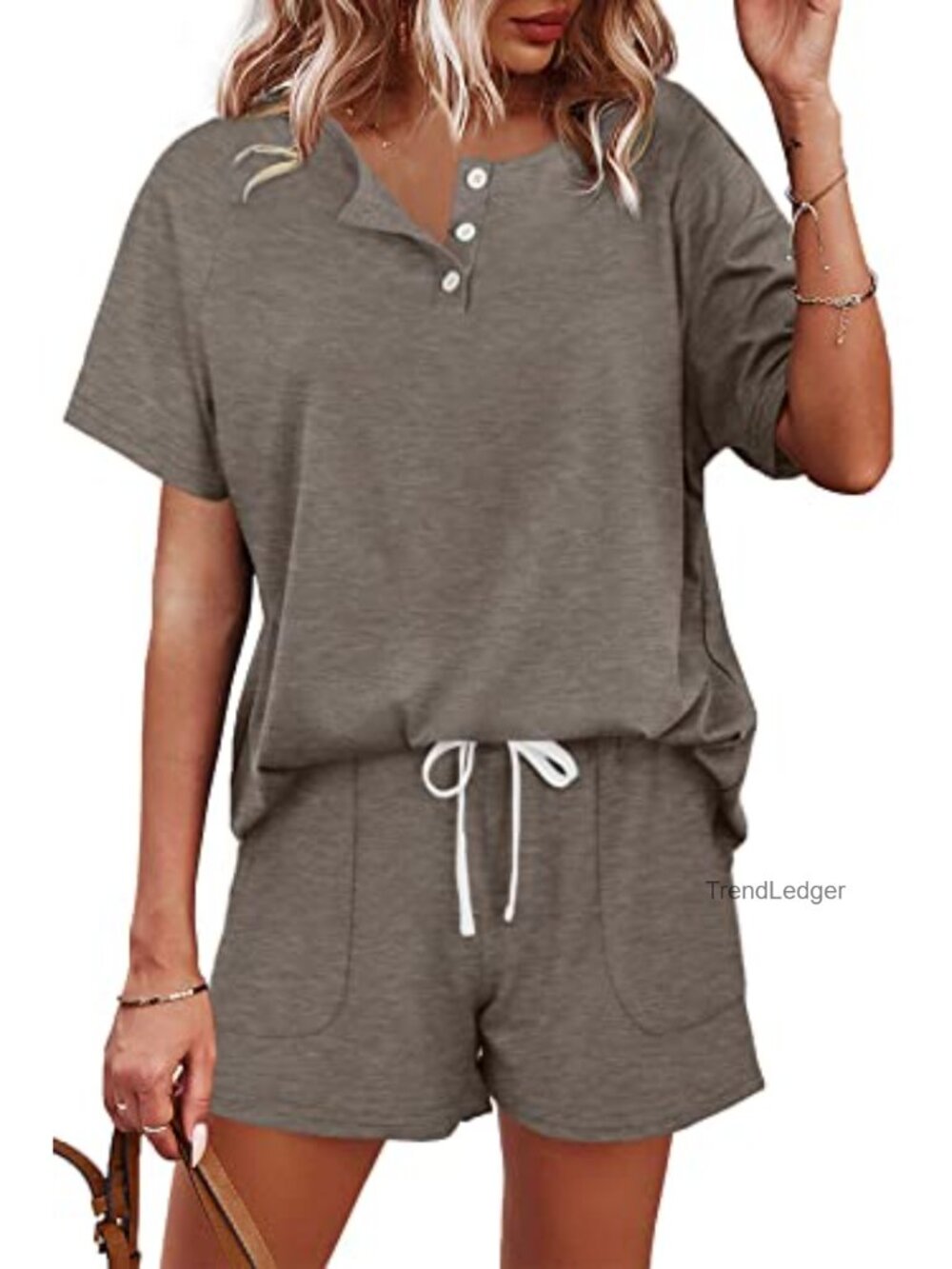 Two Piece Lounge Set for Women - Button Down Top and Shorts